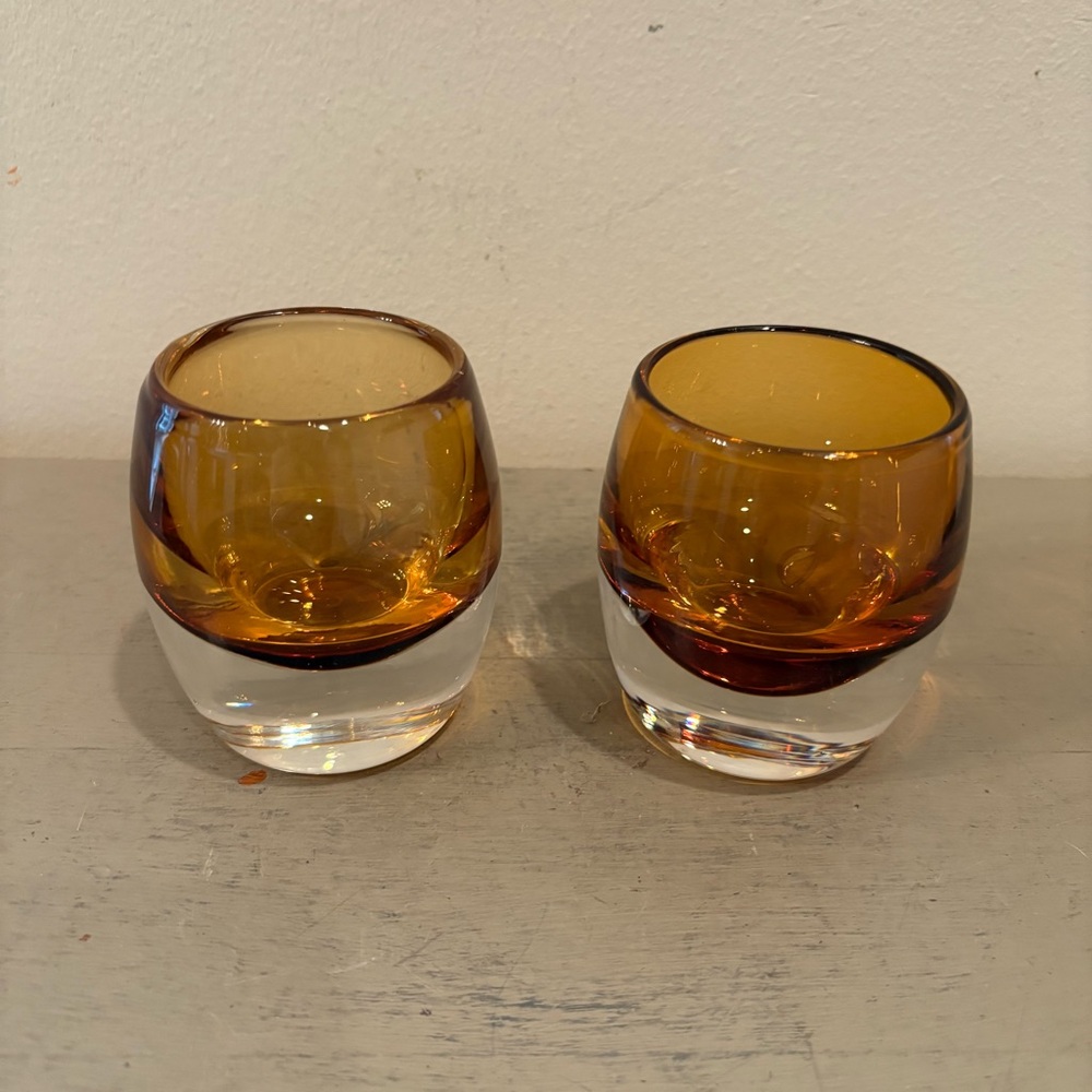 Pair Of Crate&Barrel Amber Topaz Diva Glass Votive Candle Holders